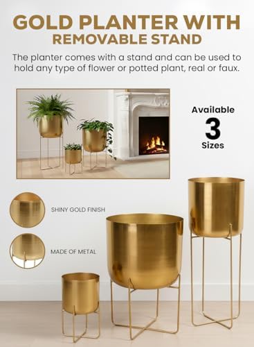 Serene Spaces Living Modern Mid‑Century Metal Indoor Planter with Stand, Gold Planter Pot for Houseplants & Indoor Plants – Living Room, Kitchen & Office, 7.25" Diameter & 13" Tall - Image 6