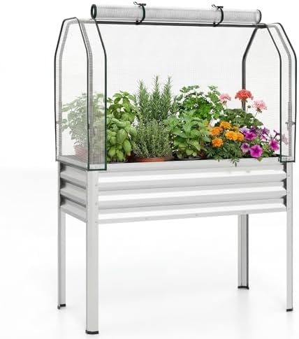 GIANTEX Raised Garden Bed with Legs & Greenhouse Cover, 44x22x60 Elevated Metal Planter Box with Roll-up Door, Outdoor Mini Greenhouse for Vegetable Flower Herb Patio Balcony (Silver,1) by Giantex