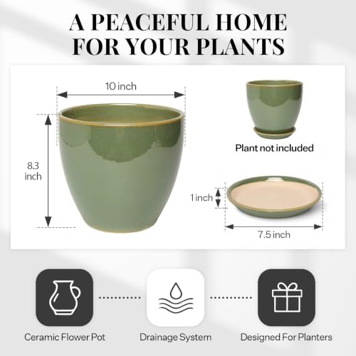10 Inch Ceramic Planter with Drainage Hole Saucer(Crisp Green) - Image 5