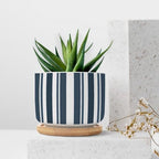 New Grain Sack Blue Stripes Planter Ceramic Round Plant Pots with Drainage Holes and Bamboo Tray Pot for Succulents Cactus Garden Windowsill - Image 7