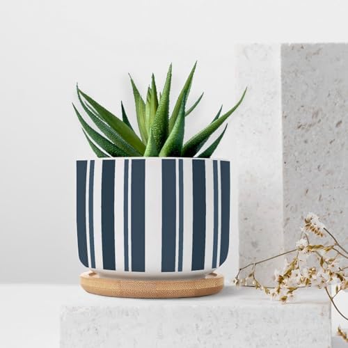 New Grain Sack Blue Stripes Planter Ceramic Round Plant Pots with Drainage Holes and Bamboo Tray Pot for Succulents Cactus Garden Windowsill - Image 7