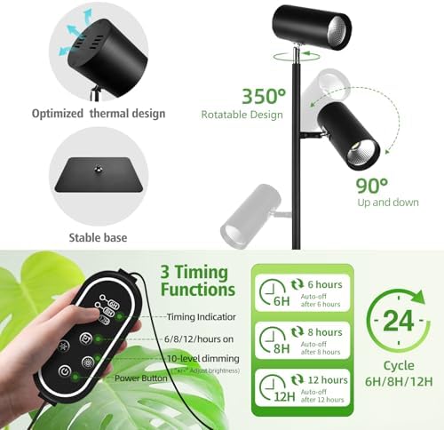 90W Dimmable Grow Light, Full Spectrum COB LED Triple-Head Floor Lamp with High CRI, 6/8/12H Timer, Adjustable Height (43"-83") & Angle – Standing Grow Lights for Indoor Plants (daylight 6000K) - Image 4