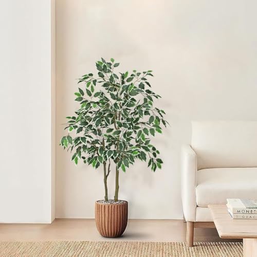 2 Pack Artificial Ficus Tree 4ft Silk Fake Ficus Leaves Plant 120cm Potted Faux Ficus Tree with Decorative Moss Dual Trunks Indoor Outdoor Big Fake Plants with Pot for Home Garden Office Livingroom - Image 6