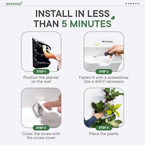 BOXSAND-6 (12"x26") Vertical Wall Planter – Living Wall for 6 Plants, Indoor/Outdoor Hanging Vertical Garden, Easy 2-Screw Install (White with Round Pots) - Image 4