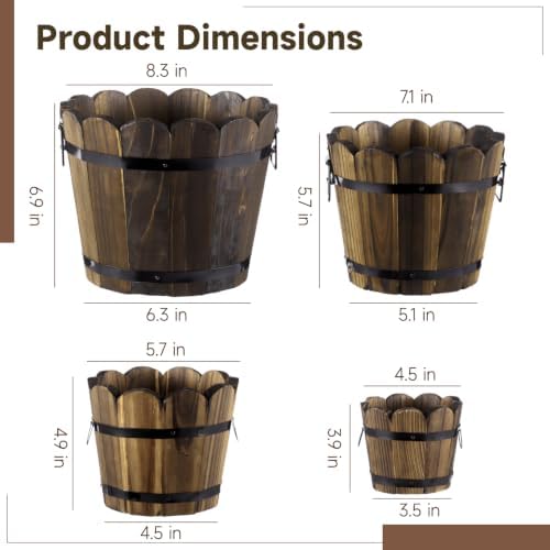 4 PCS Wooden Whiskey Barrel Planters, Wavy Edge Rustic Bucket Flower Pots with Metal Handles, Round Garden Accessory for Succulents Flowers Veggies, Outdoor Indoor Home Porch Yard Container - Image 5