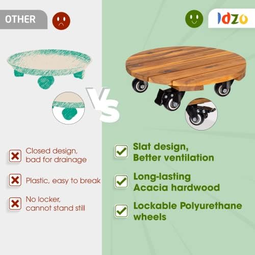 IDZO 2PCS Acacia Round Plant Caddy, 360° Lockable Wheels, Natural, 14-Inch - Image 3