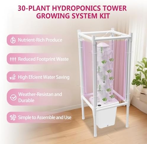 30-Plant Hydroponics Tower Vertical Growing System Kit, Indoor Garden Planter Herb Garden with LED Grow Light, Hose and Water Pump, Vertical Planter Germination Kit for Fruits Vegetables (White) - Image 2