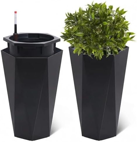 2 Pack 22 Inch Tall Diamond Planters, Modern Self-Watering Flower Pots with Water Level Indicator for Indoor & Outdoor Plants, Patio, Porch, & Home Décor, Black by BouPower