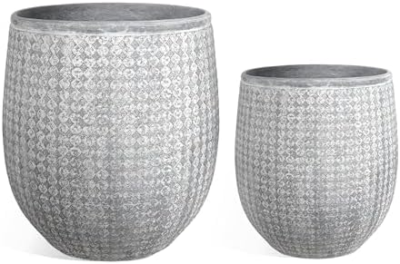 Worth 12" and 14.5" Round Planters, Lightweight Magnesium Oxide Cement Plant Pot, Raised Pattern Concrete Look with Drainage Hole, Grey by WORTH