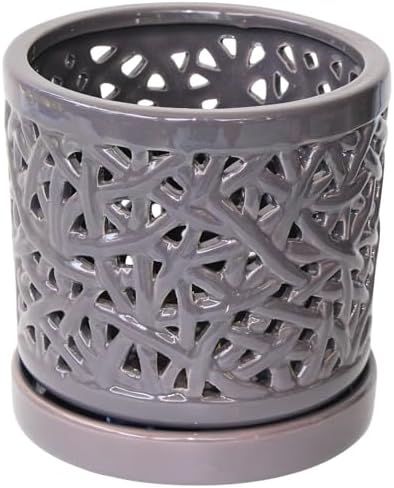 Gray Large Ceramic Orchid Pot with Holes, 6 Inches Wide, for Indoors or Outdoors with Woven String Cut Out Design, Orchid Planters, Orchid Gifts by Desquiggle