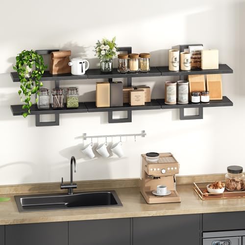 HOOBRO Floating Shelves, 15 Inch Wall Shelf Set of 3, Wall Mounted Storage Shelves 2-Tier, Hanging Bathroom Shelves, for Living Room, Bedroom, Bathroom, Kitchen, Black BK32BJP301 - Image 3