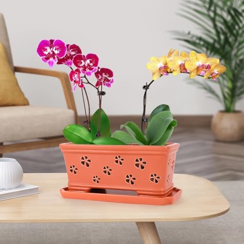 Rectangle Ceramic Orchid Pot 10In Orchid Pots with Holes for Premium Ceramic Orchid Planter for Indoor and Outdoor Use Drainage & Air Circulation Red Orchid Planter for Repotting or New Plants - Image 3