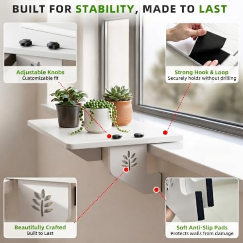 Set of 2 Window Sill Plant Shelves, 17''x13‘’ Window Sill Extender, Heavy-Duty Solid Wood Window Shelf for Plants, Renter Friendly No Drilling/Damage, Holds Up to 30 LBS (2, White) - Image 5