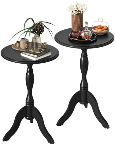 HLR Round Small End Table Set of 2, Wooden Pedestal Side Tables, Black by HomeDeservesaRelaxLiving