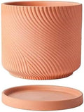 7" Unglazed Terracotta Planter with Drainage Hole & Saucer, Modern Minimalist Plant Pot for Home & Garden by Wavy+Studio