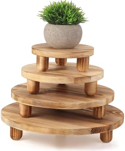 Sintuff 4 Pack Mini Wooden Plant Stool Display Wood Cake Stand 12/10/8/6 Inch Round Plant Risers Holder for Flower Pot Wooden Stool Indoor Outdoor Wood Stand(Wood Color) by Sintuff