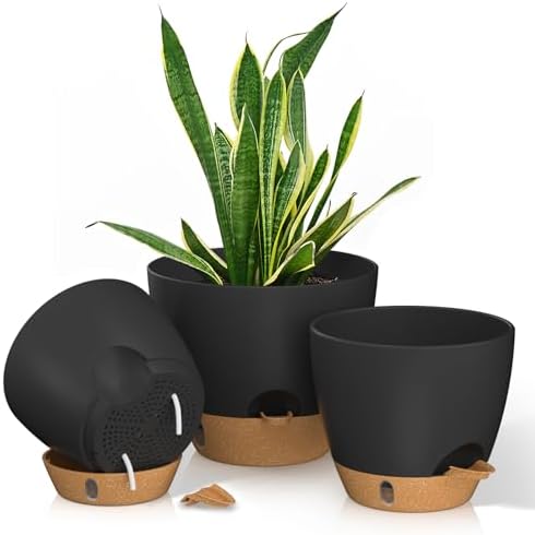 12/10/9 Inch Self Watering Pots for Indoor Outdoor Plants, Set of 3 Large Plastic Planters with Visual Water Window, Drainage Holes & Watering Lip, Modern Decorative Flower Pots (Black) by FIASON