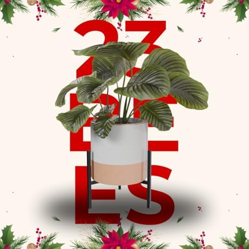 23 Bees Mid-Century Modern Ceramic Planter with Plant Stand Indoor Decorative Plant Pot with Stand in Earthy Beige and White Glaze, Black Metal Stand (Large 16 inch plant pot, Three sizes) (Small) - Image 2