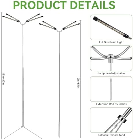 Grow Lights for Indoor Plants Full Spectrum,15-62 Inches Height Adjustable Dsektop and Standing Plant Growing Lights with Detachable Tripod Stand for Large and Small Plants, Auto On/Off Timer - Image 4