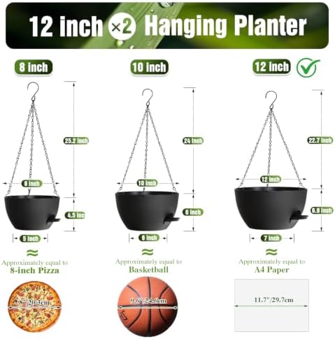 12 Inch Large Self Watering Hanging Planters 2 Pack with Saucers - Image 4