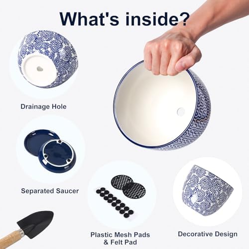 Selamica Ceramica Plant Pots, 6.5 Inch Flower Pots Set of 2 with Drainage Holes & Saucer, Planters for Indoor Plants, Home Decor, Vintage Blue - Image 4