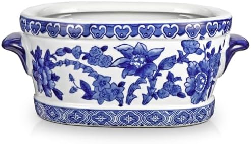 Blue and White Ceramic Planter Pot – Vintage Floral Oval Cachepot Vase for Indoor Plants, Flowers & Succulents – Glazed Chinese Porcelain Style Decorative Bowl – 7.4" Size – No Drainage by Arborus