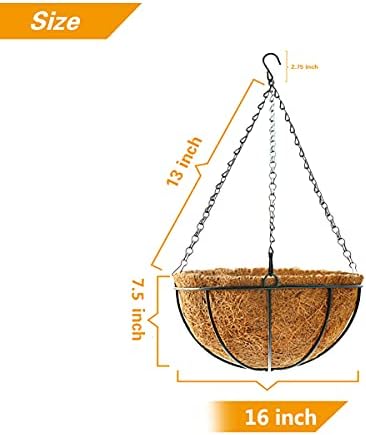 Hanging Plant Basket Flower Holder (2pack, 16 inch)-Metal Wire Round Hanging Basket Planter with Coco Fiber Liners for Plants Flower Pots Outdoor Garden Porch and Balcony Decor - Image 7