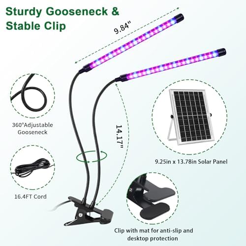 Solar Plant Grow Light with Battery Run Day/Night, 2 Heads 40 LED Clip On Full Spectrum Plant Light with 16.4FT Cable/USB Charging/Timer/Dimmable for Outdoor Indoor All Stage Plants - Image 5
