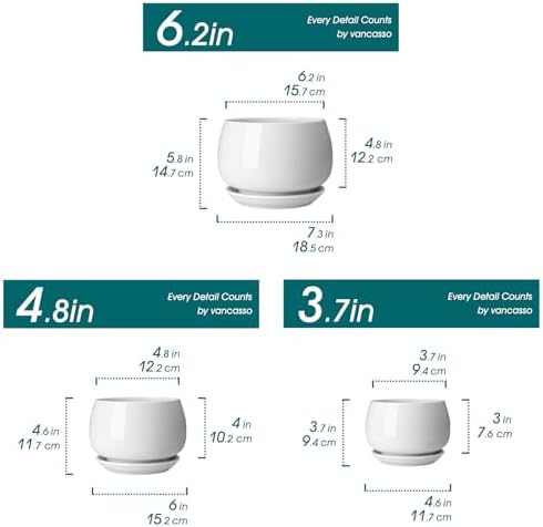 vancasso 3-Pack Ceramic Plant Pots, 3.7/4.8/6.2 Inch Indoor Planters with Saucers & Drainage Hole Planter pots for Indoor Plants and Flower, White - Image 2