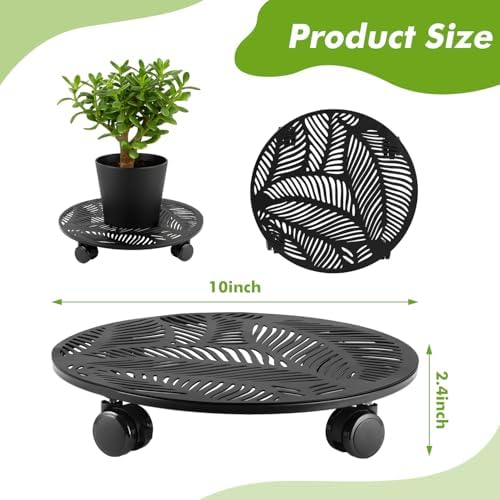 Planterhoma 2 Packs 10 Inch Rolling Plant Stand with Wheels Metal Plant Caddy with Wheels Heavy Duty Plant Rollers with Metal Wheels Round Wrought Iron Plant Stand with Tropical Leaf - Image 3