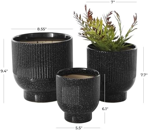 Deco 79 Ceramic Indoor Outdoor Planter Speckled Small Planter Pot with Linear Grooves and Tapered Bases, Set of 3 Planters 9", 8", 6"H, Black - Image 6