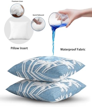 Throw Pillows 18x18 Set of 2, Tropical Palm Tree Waterproof Outdoor Pillow Covers with Insert, Vintage Sky Blue Exotic Botanical Plants Decorative Pillowcase Cushion for Patio, Garden, Couch - Image 6