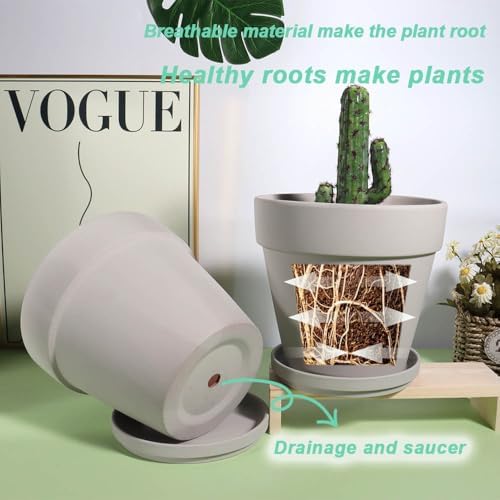 vensovo 5 Inch Grey Terracotta & Clay Pots with Saucer, 6 Pack - Image 4