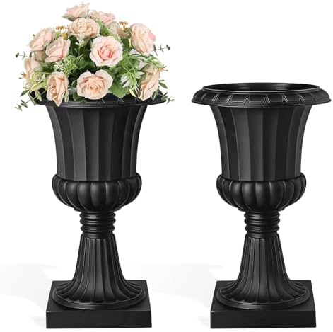2/4 Pack 19.7 Inch Classic Pedestal Urn Planter, Lightweight PP Plastic Decorative Flower Pot for Patio Porch Wedding Indoor & Outdoor Decor Black 2 - Image 2
