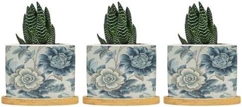 On Flax Blue Chinoiserie Planters Ceramic Blue Grey Asian Flower Round Plant Pots with Drainage Holes and Bamboo Tray Pot for Outdoor Garden Home Plant by BRUYU5SE