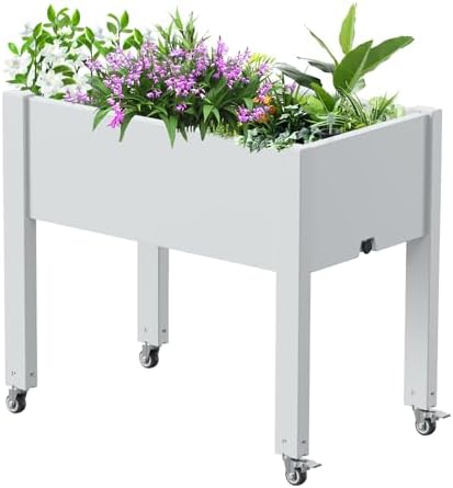Vixzen Mobile Raised Garden Bed with Wheels, Self-Watering System,Outdoor Resin Planter Box for Vegetables, Flowers, Herbs on Patio, Balcony, Yard(Ashen, 30.04 * 17.72 * 28.9) by Vixzen