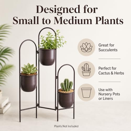 TRIROCKS 3 Tier Plant Stand with 3 Removable Metal Pots Indoor Outdoor Corner Plant Rack, 35" H Space Saving Flower Pot Holder for Living Room, Balcony, Patio & Garden(Brown) - Image 3