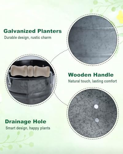 3 Pack 15 Inch Galvanized Oval Planters with Handles, Galvanized Black - Image 3