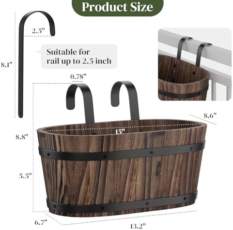 Railing Planters for Outdoor Plants Balcony Hanging Flower Pots with Detachable Hooks, Window Flower Box Hanging Bucket Pots Fence Planters for Garden Home Decor(Carbonized-2pack, Large) - Image 2