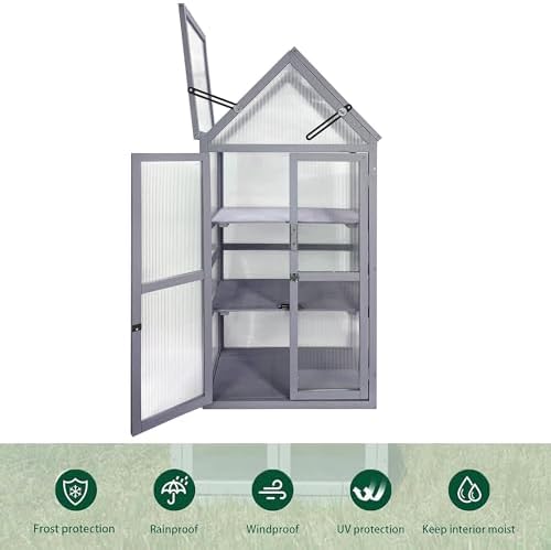 Mini Greenhouse, Small Green House, Outdoor Plant Stand, 3-Tier Wood Cold Frame with Adjustable Shelves, Portable Plant Stand Cabinet for Indoors Garden & Patio, UV-Resistant (Gray-2) - Image 2