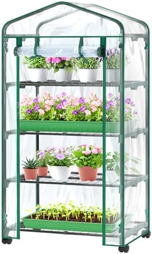 Ohuhu Mini Greenhouse for Indoor Outdoor with Wheel, Small Plastic Plant Green House 4-Tier Rack Stand Portable Greenhouses with Durable PVC Cover for Seedling by Ohuhu