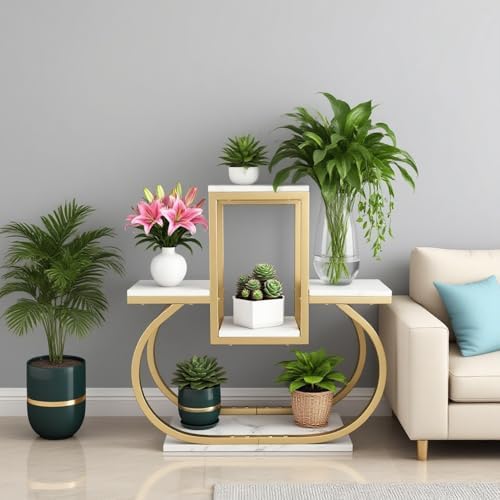 Golden Plant Stand Indoor Display Shelf, 26.96" Tall Planter Rack, 5-Tier Flower Stand with Square White Wood Shelves, Geometry Metal Plant Shelf Flower Pot Holder for Living Room Bedroom Outdoor Balcony Office Corner - Image 4
