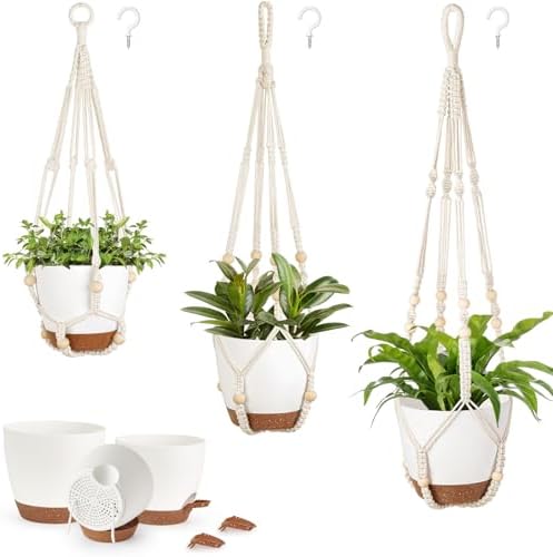 Mkono 4 Pack Fake Hanging Plant and Macrame Plant Hangers with Self Watering Plant Pots Indoor Set of 3 Hanging Baskets Flower Pot Holders with Hooks No Tassels 3 Different Size for Boho Home Decor by Mkono