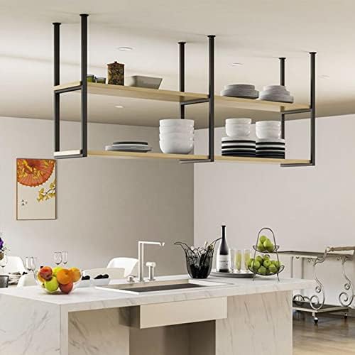 Ceiling Hanging Bar Unit Modern Ceiling Hanging Storage Rack Kitchen Pot Pan Shelf Flower Stand Plants Shelving Floating Shelves 60/80/100/120/150 Cm Bar Wine Holder Wood and Metal - Image 5