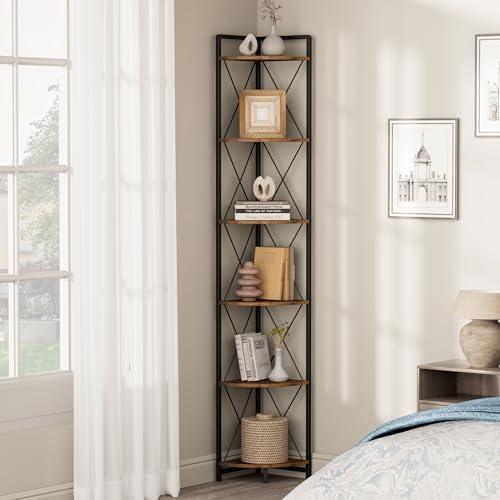 6 Tier Corner Shelf Stand, 78" H Tall Corner Bookshelf, Rustic Brown - Image 7
