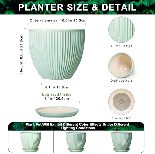 10 Inch Planter Indoor, Ceramic Pots with Saucer, Mint Green - Image 2