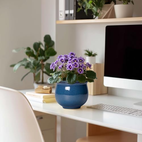 African Violet Pots, 6 Inch Ceramic Easy Self Watering Pots for Indoor Plant, Round Self Watering Planter with Absorbent Inner Pot, Ceramic Flower Pot, Room Decor, Plant Lover Gift, Retro Blue - Image 3