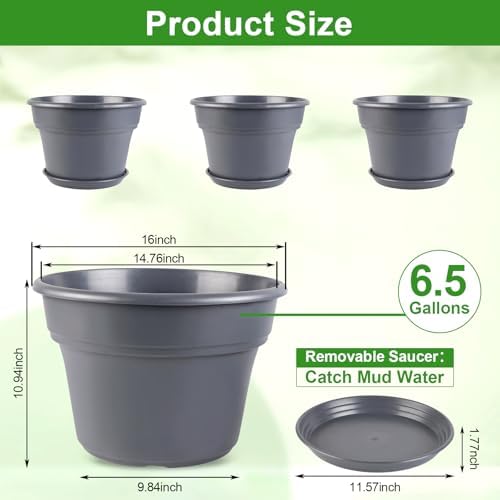 Myfeegoin 16-inch-Plant-Pots, 4 Pack Large Planters for Outdoor Plants, Plastic Flower Pots Indoor with Drainage Holes & Trays, Classic Garden Pot Container for House - Image 3