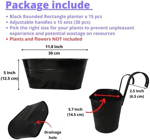 LaLaGreen Rail Planter Outdoor Plants(11.8 Inch, 15 Pack) Black Metal Iron Hanging Flower Pots Deck Railings Fence Buckets Modern Countryside Boho Style Wall Mount Window Box Plant Holder Porch Decor - Image 2