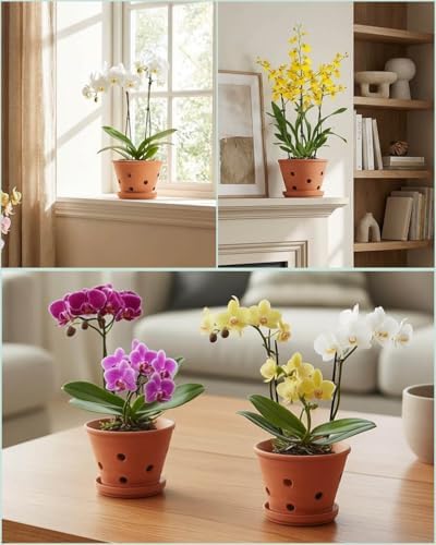 vensovo 4 Inch Terracotta Orchid Pots with Holes and Saucers - 6 Pack Clay Orchid Planter Pots for Repotting, Breathable Flower Pots for Indoor Outdoor, Promotes Air Circulation & Healthy Roots - Image 6